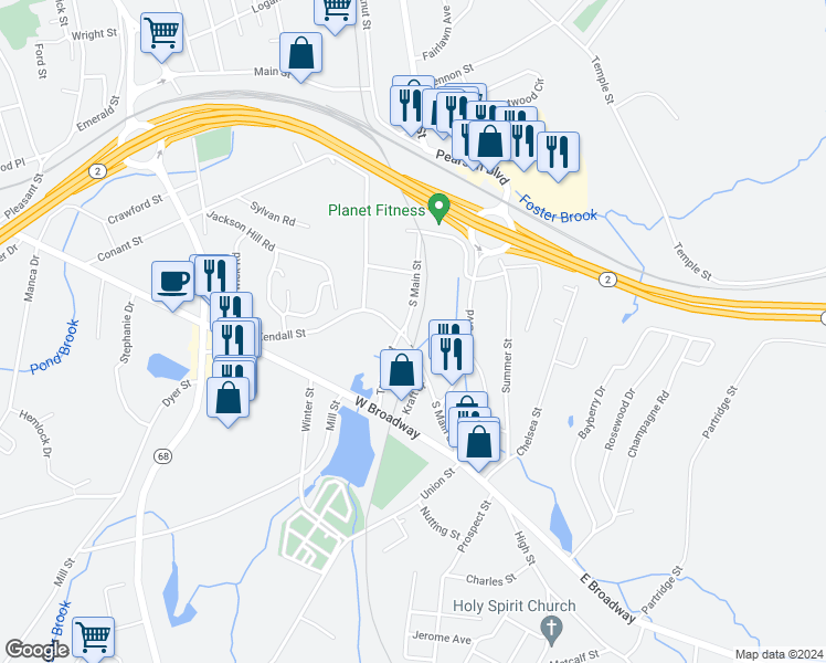 map of restaurants, bars, coffee shops, grocery stores, and more near 144 South Main Street in Gardner