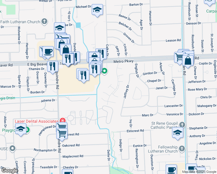 map of restaurants, bars, coffee shops, grocery stores, and more near 36503 Park Place Drive in Sterling Heights