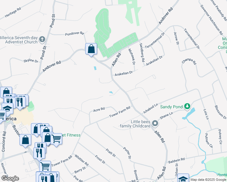 map of restaurants, bars, coffee shops, grocery stores, and more near 1 Fernbrook Lane in Billerica