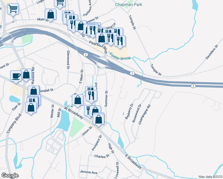 map of restaurants, bars, coffee shops, grocery stores, and more near 102 Cleveland Street in Gardner