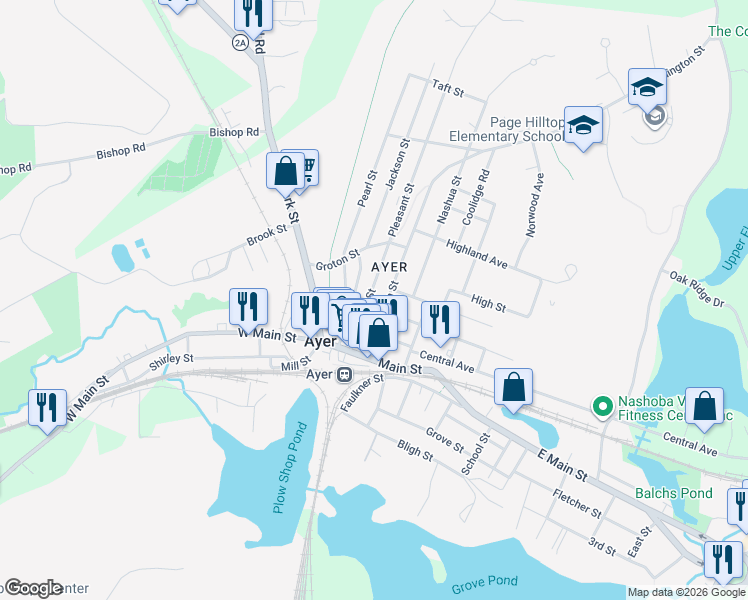 map of restaurants, bars, coffee shops, grocery stores, and more near 24 Washington Street in Ayer