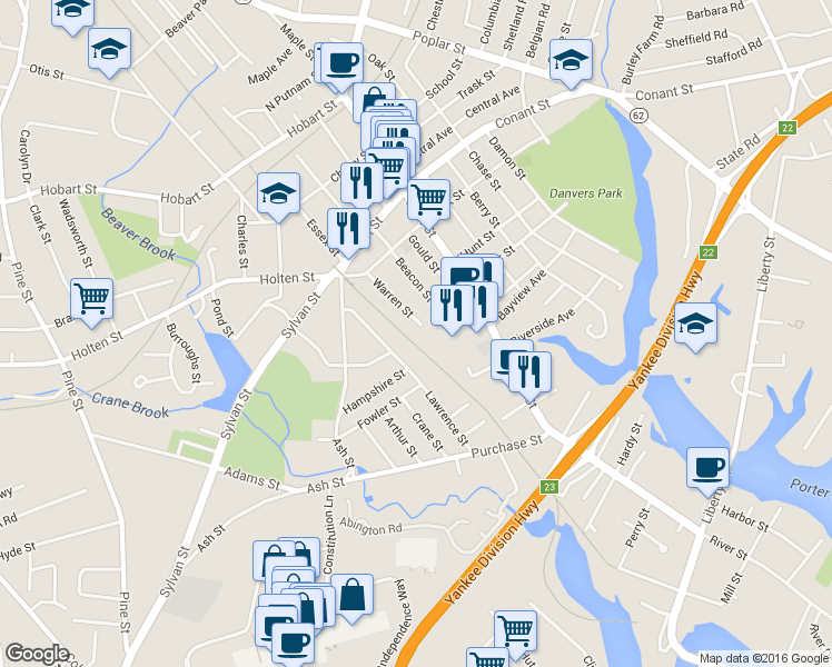 map of restaurants, bars, coffee shops, grocery stores, and more near 21 Warren Street in Danvers