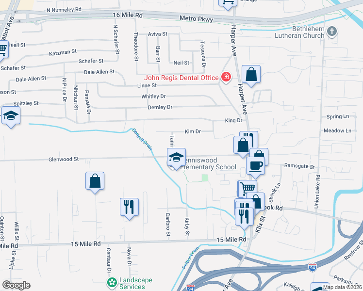 map of restaurants, bars, coffee shops, grocery stores, and more near 23515 Glenwood Street in Clinton Township