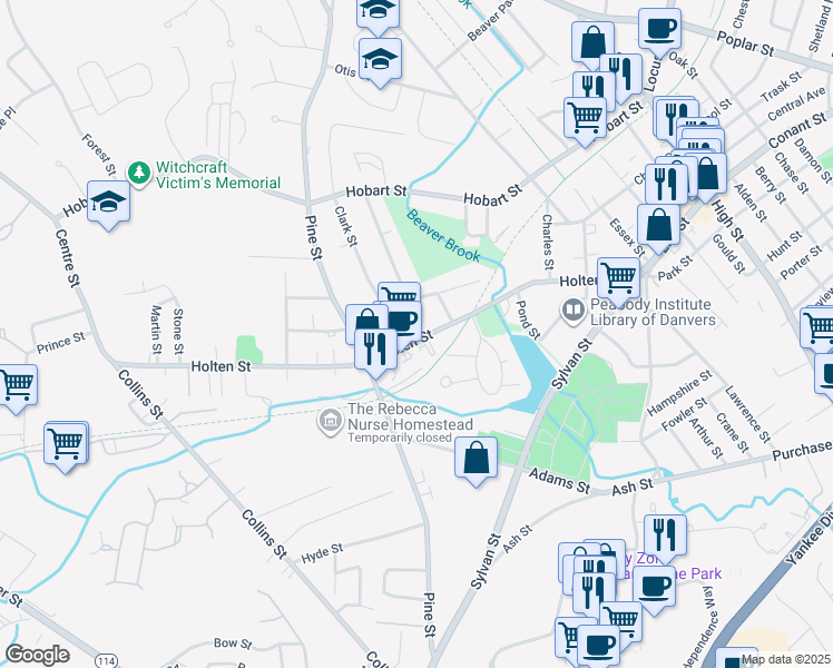 map of restaurants, bars, coffee shops, grocery stores, and more near 67 Holten Street in Danvers