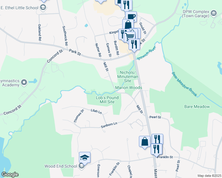 map of restaurants, bars, coffee shops, grocery stores, and more near 4 Mill Street in North Reading