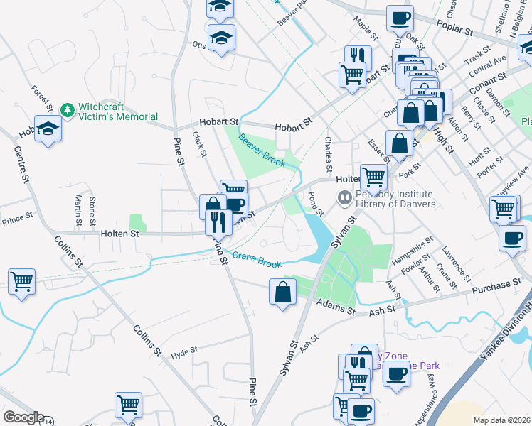 map of restaurants, bars, coffee shops, grocery stores, and more near 5 Larchmont Street in Danvers