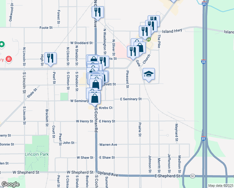 map of restaurants, bars, coffee shops, grocery stores, and more near 321 East Seminary Street in Charlotte