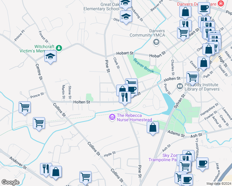 map of restaurants, bars, coffee shops, grocery stores, and more near 123 Pine Street in Danvers