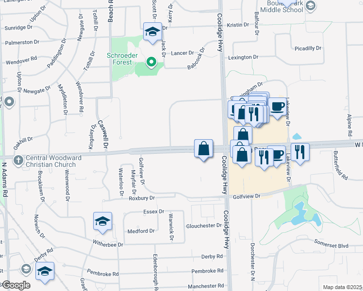 map of restaurants, bars, coffee shops, grocery stores, and more near 3214 West Big Beaver Road in Troy