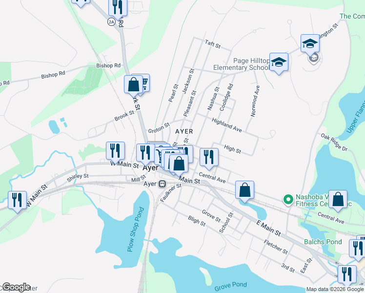 map of restaurants, bars, coffee shops, grocery stores, and more near 24 Washington Street in Ayer