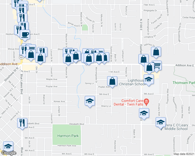 map of restaurants, bars, coffee shops, grocery stores, and more near 1905 Maple Avenue in Twin Falls
