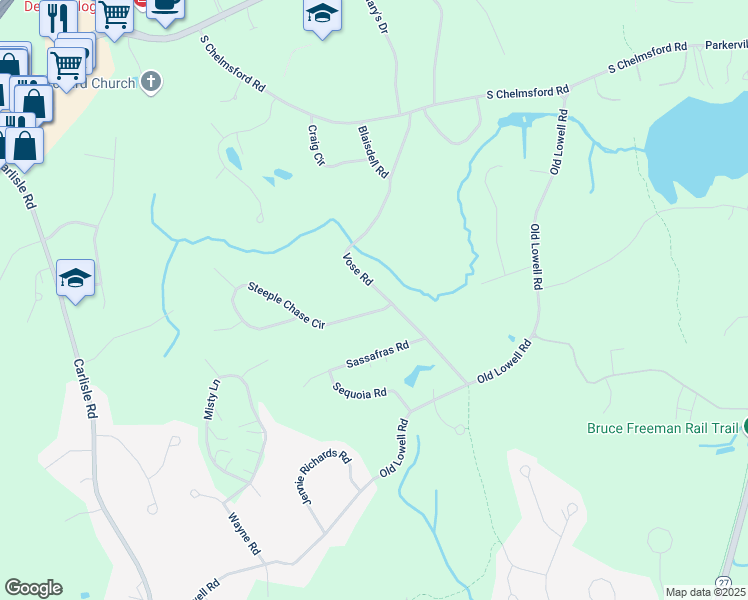 map of restaurants, bars, coffee shops, grocery stores, and more near 4 Steeple Chase Circle in Westford
