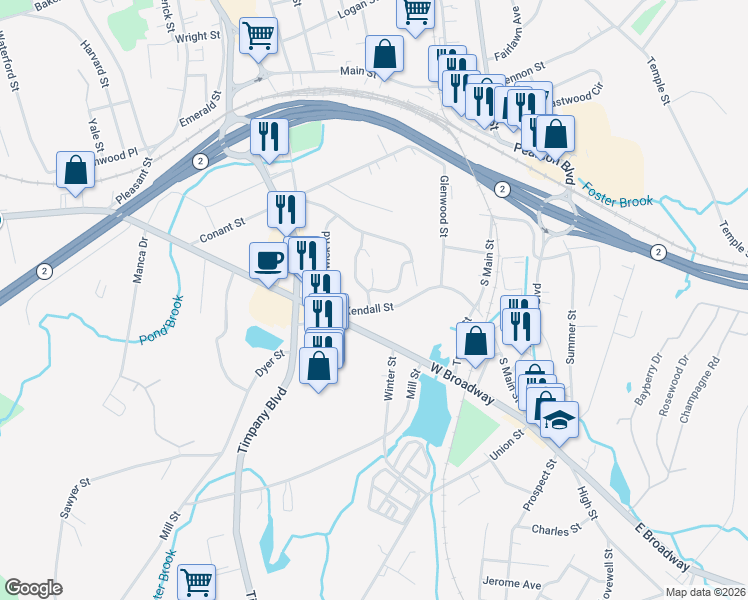 map of restaurants, bars, coffee shops, grocery stores, and more near 100 Kendall Street in Gardner