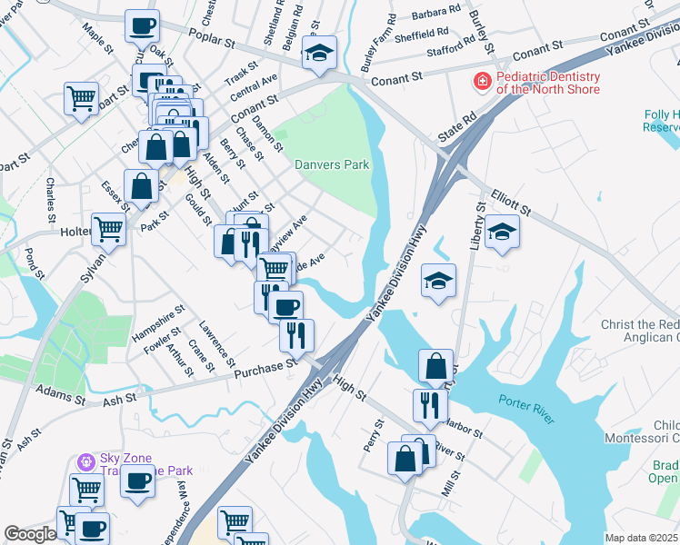 map of restaurants, bars, coffee shops, grocery stores, and more near 36 Bayview Terrace in Danvers