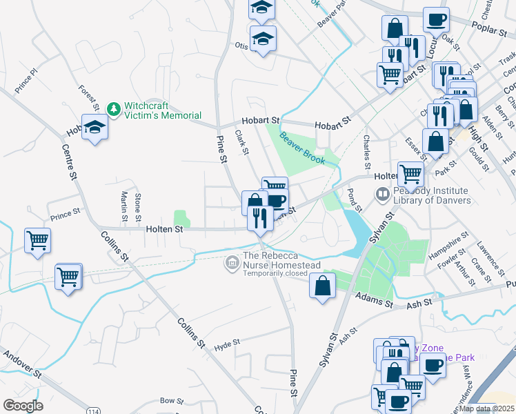 map of restaurants, bars, coffee shops, grocery stores, and more near 83 Holten Street in Danvers