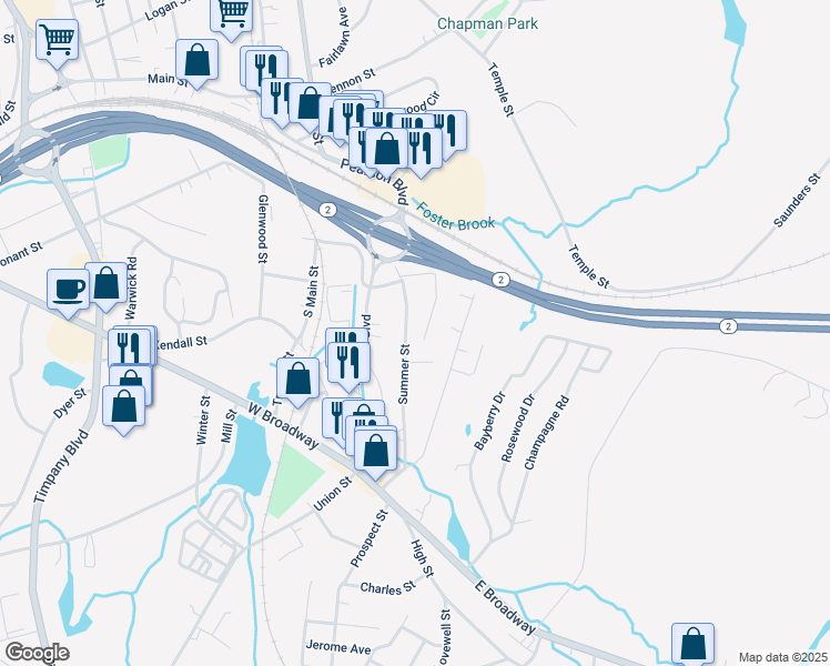 map of restaurants, bars, coffee shops, grocery stores, and more near 102 Cleveland Street in Gardner
