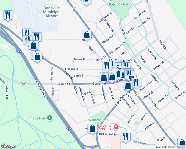 map of restaurants, bars, coffee shops, grocery stores, and more near 50 Ossian Street in Dansville