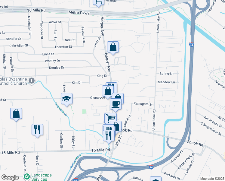 map of restaurants, bars, coffee shops, grocery stores, and more near 35815 Harper Avenue in Clinton Township