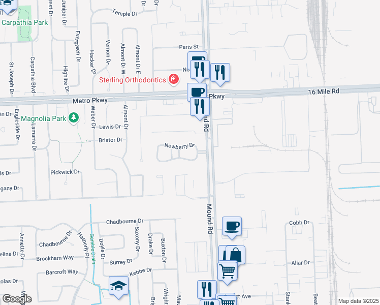 map of restaurants, bars, coffee shops, grocery stores, and more near 36505 Northview Boulevard in Sterling Heights