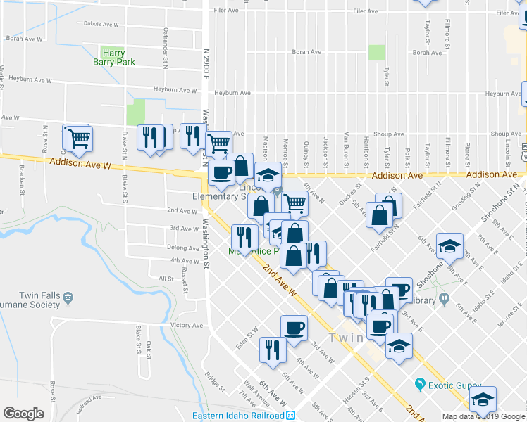 map of restaurants, bars, coffee shops, grocery stores, and more near 651 2nd Avenue North in Twin Falls