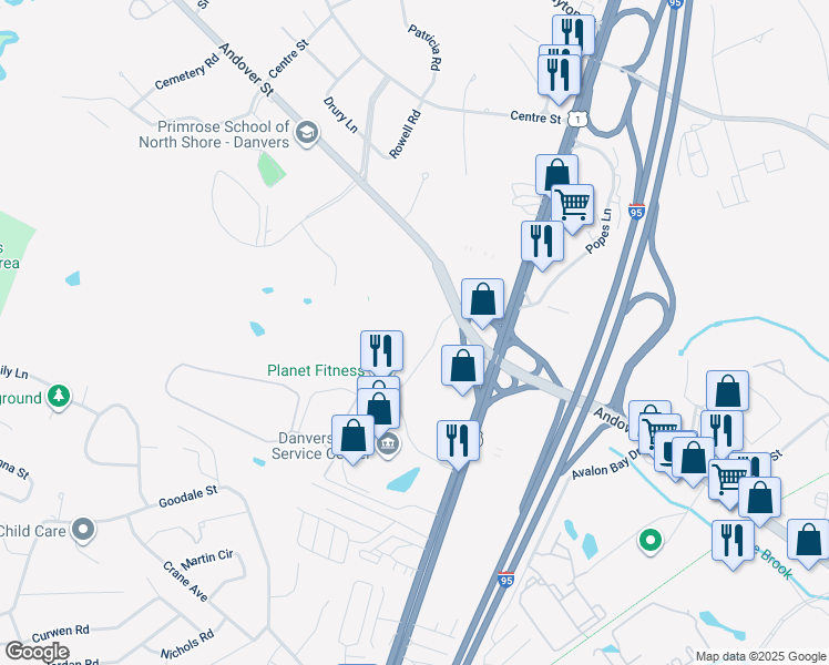 map of restaurants, bars, coffee shops, grocery stores, and more near 1 Veronica Drive in Danvers