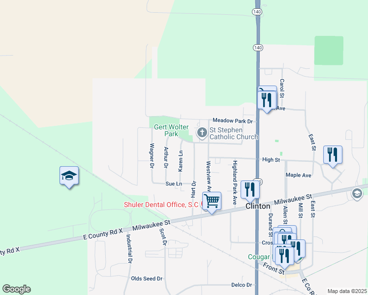 map of restaurants, bars, coffee shops, grocery stores, and more near 505 Karen Lane in Clinton