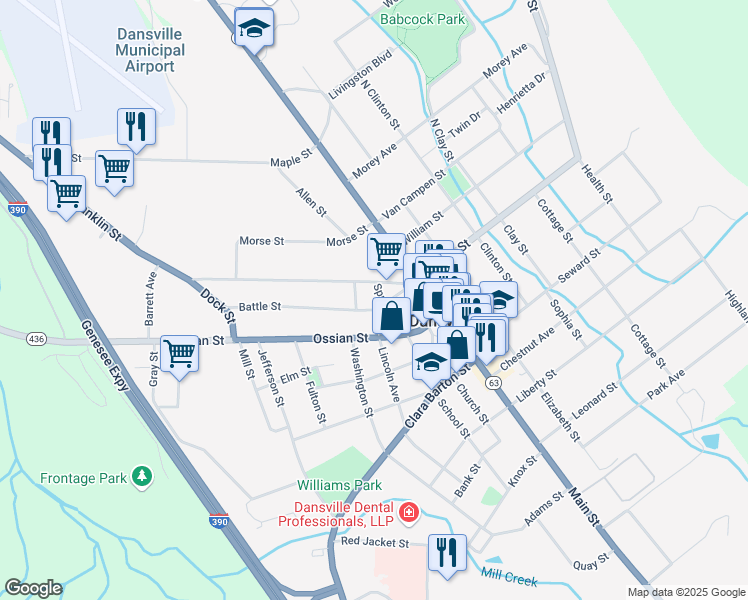 map of restaurants, bars, coffee shops, grocery stores, and more near 85 Franklin Street in Dansville