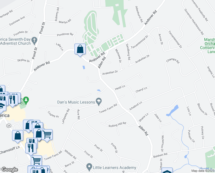 map of restaurants, bars, coffee shops, grocery stores, and more near 4 Fernbrook Lane in Billerica