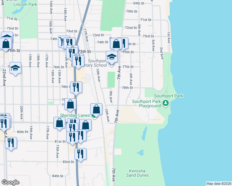 map of restaurants, bars, coffee shops, grocery stores, and more near 7835 8th Avenue in Kenosha