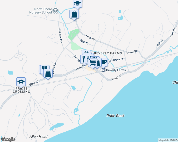 map of restaurants, bars, coffee shops, grocery stores, and more near 43R West Street in Beverly