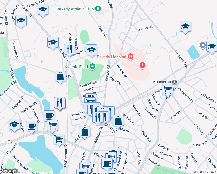 map of restaurants, bars, coffee shops, grocery stores, and more near 37 Mason Street in Beverly