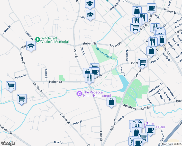 map of restaurants, bars, coffee shops, grocery stores, and more near 83 Holten Street in Danvers