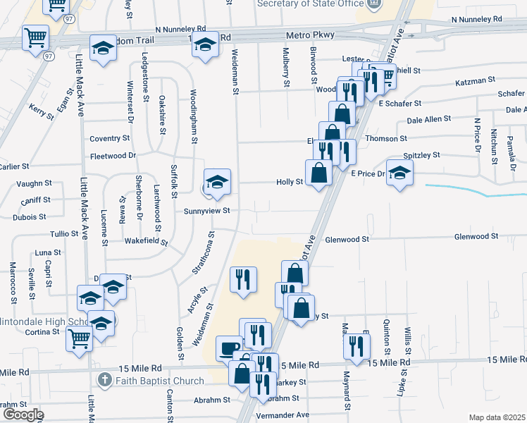 map of restaurants, bars, coffee shops, grocery stores, and more near 21681 Hillside Drive in Clinton Township