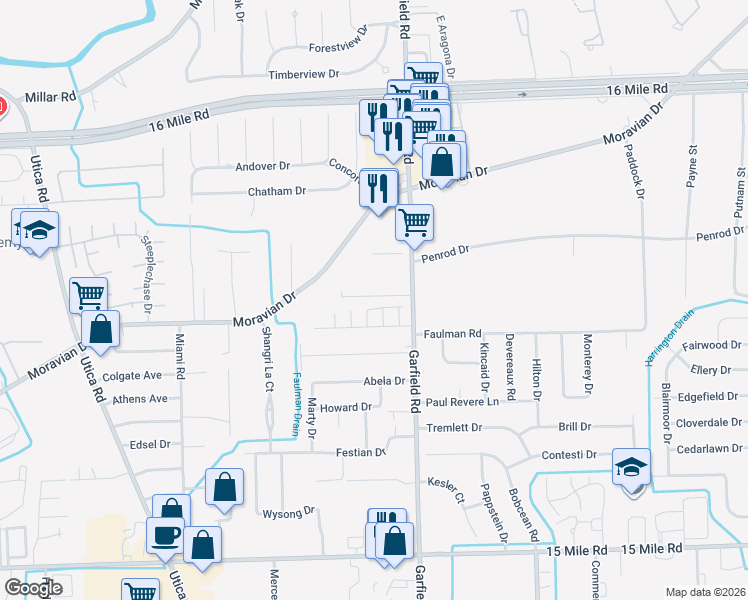 map of restaurants, bars, coffee shops, grocery stores, and more near 36010 Chapel Court in Clinton Township