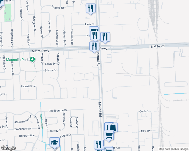 map of restaurants, bars, coffee shops, grocery stores, and more near 4019 Metropolitan Parkway in Sterling Heights