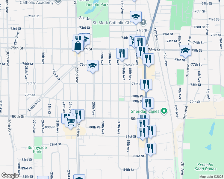 map of restaurants, bars, coffee shops, grocery stores, and more near 7836 18th Avenue in Kenosha