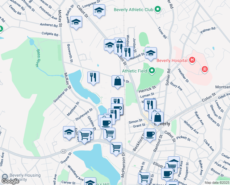 map of restaurants, bars, coffee shops, grocery stores, and more near Cummings Center in Beverly
