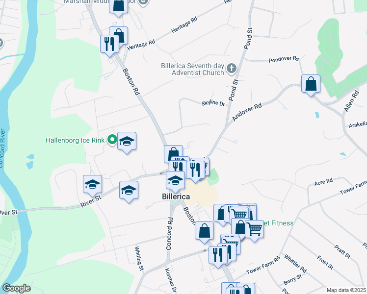 map of restaurants, bars, coffee shops, grocery stores, and more near 18 Andover Road in Billerica