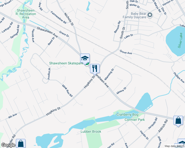 map of restaurants, bars, coffee shops, grocery stores, and more near 298 Shawsheen Avenue in Wilmington