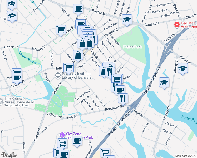 map of restaurants, bars, coffee shops, grocery stores, and more near 21 Warren Street in Danvers