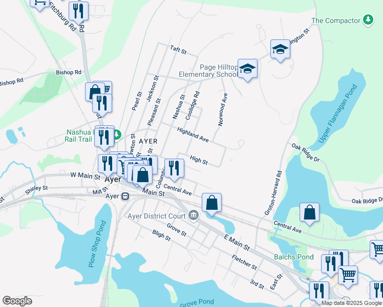 map of restaurants, bars, coffee shops, grocery stores, and more near 32 Williams Street in Ayer