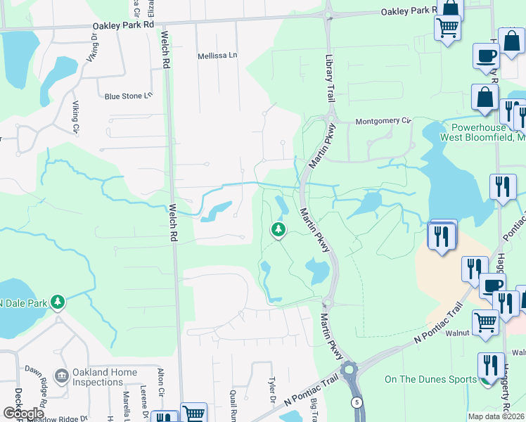 map of restaurants, bars, coffee shops, grocery stores, and more near Woodlands Trail in Commerce charter Township