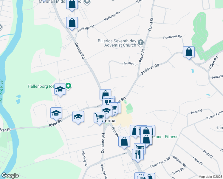 map of restaurants, bars, coffee shops, grocery stores, and more near 18 Andover Road in Billerica