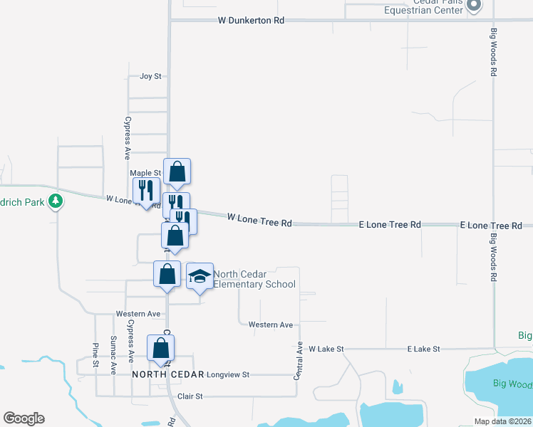 map of restaurants, bars, coffee shops, grocery stores, and more near 327 West Lone Tree Road in Cedar Falls