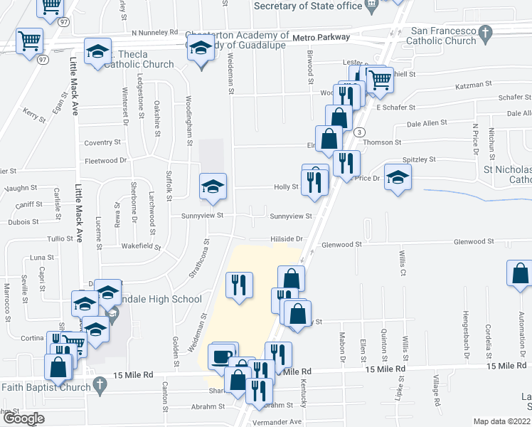 map of restaurants, bars, coffee shops, grocery stores, and more near 35915 Breeze Court in Charter Township of Clinton