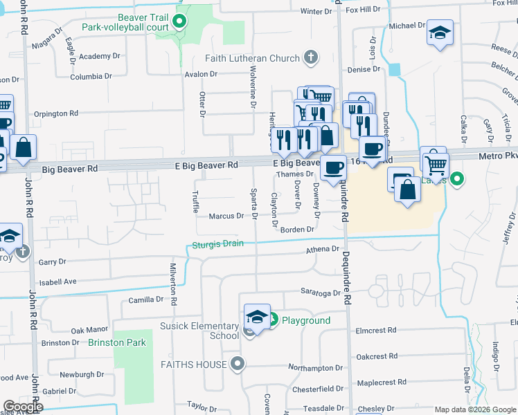 map of restaurants, bars, coffee shops, grocery stores, and more near 2664 Sparta Drive in Troy