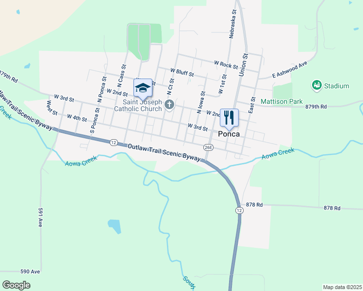map of restaurants, bars, coffee shops, grocery stores, and more near 105-199 South Franklin Street in Ponca