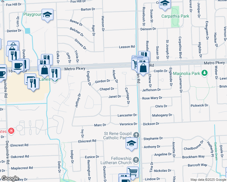 map of restaurants, bars, coffee shops, grocery stores, and more near 36431 Arlene Drive in Sterling Heights