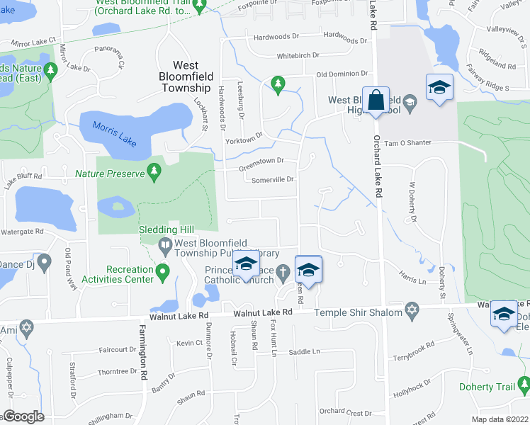 map of restaurants, bars, coffee shops, grocery stores, and more near 4390 Walnut Woods Drive in West Bloomfield Township