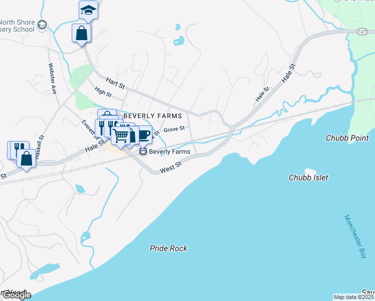 map of restaurants, bars, coffee shops, grocery stores, and more near 11 Beach Street in Beverly